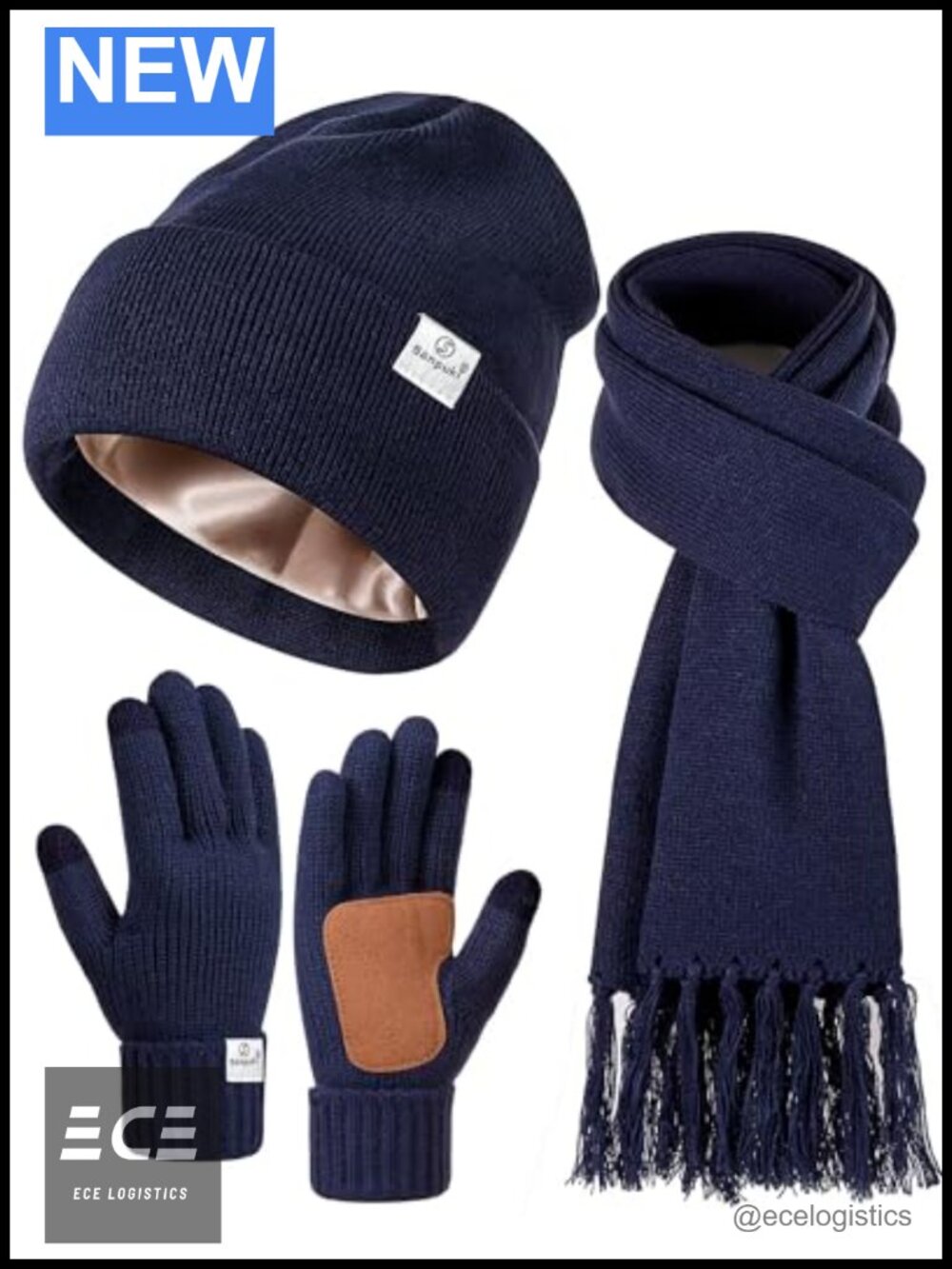 Satin Lined Beanie Scarf Gloves Set Acrylic Winter Knit Gift Set
